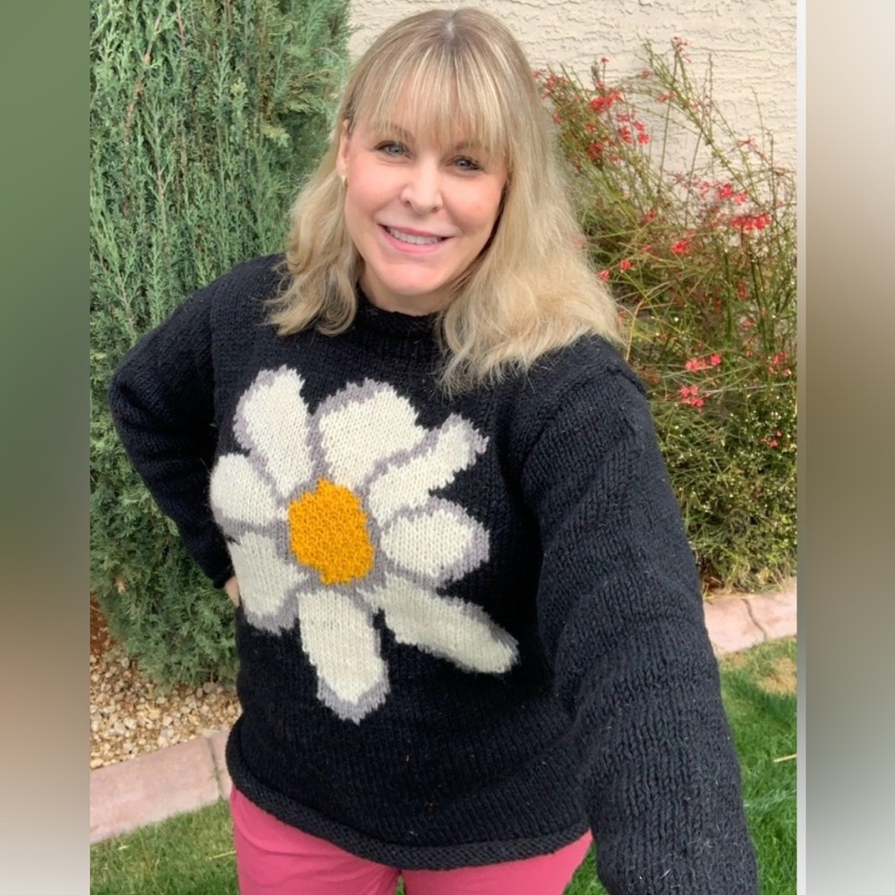 NWT Zen Jen Nepal Handmade Black Wool Sweater With Floral Accent. S, M, L, XL